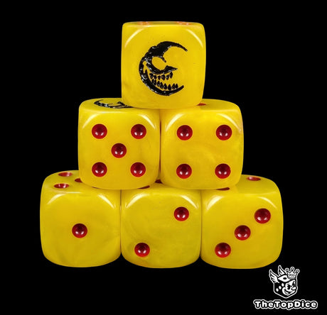 Yellow 16mm D6 dice with a black grinning moon emblem and red pips for fantasy wargaming