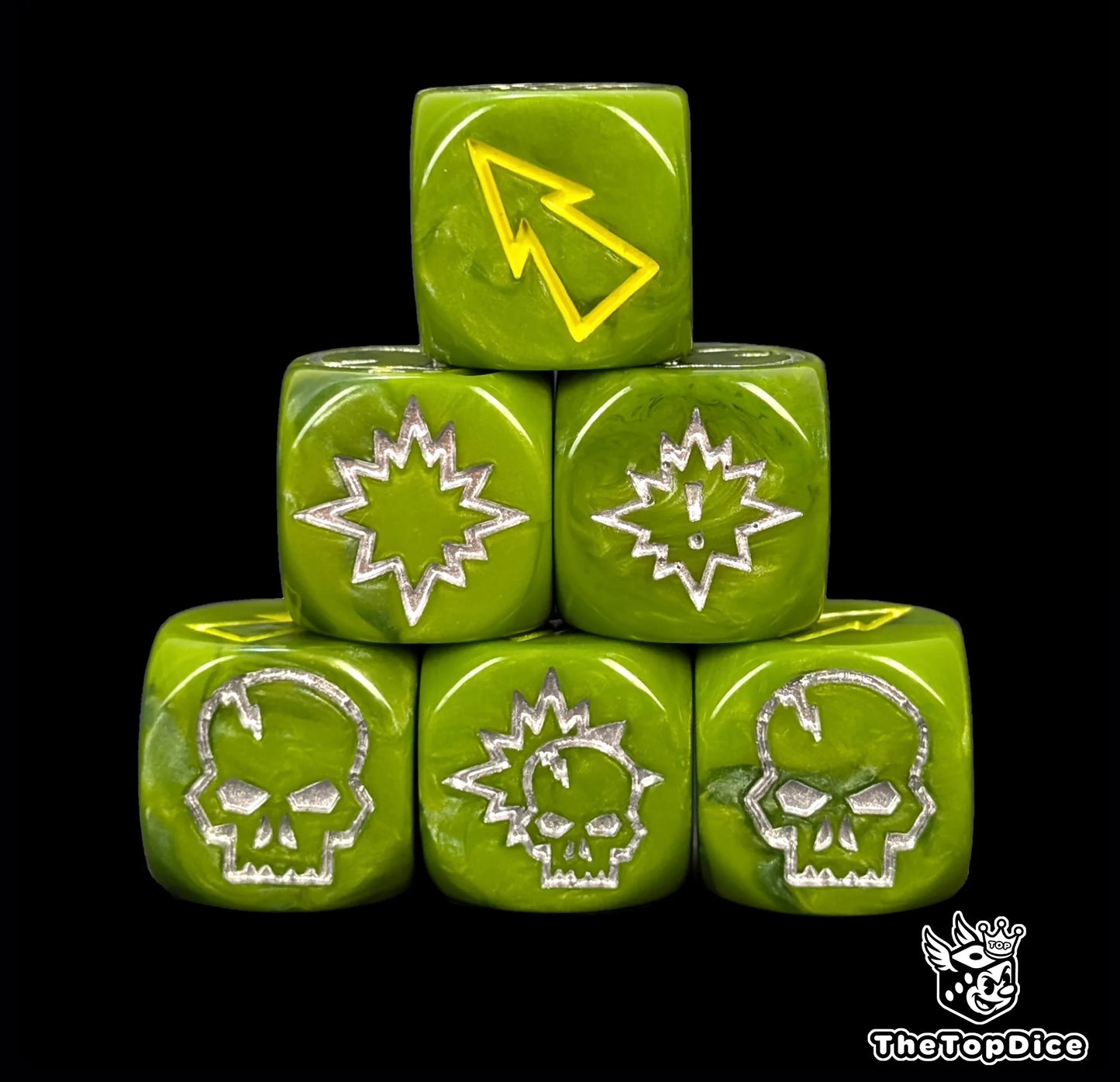 Close up of three green 16mm block dice with yellow pips for resolving blocks