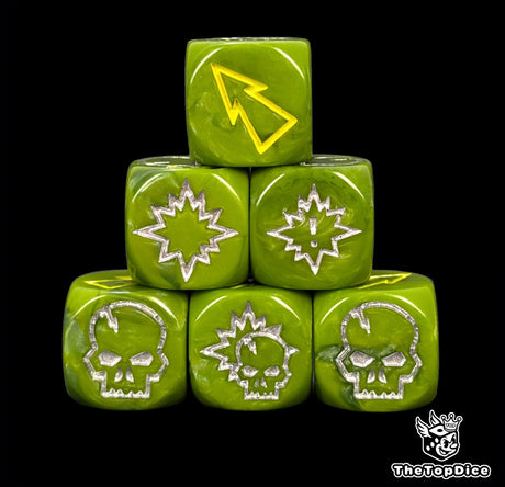 Close up of three green 16mm block dice with yellow pips for resolving blocks