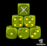 Close up of two green D6 with a silver crossed fork and knife logo on the six face for fantasy football