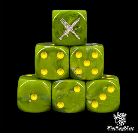 Close up of two green D6 with a silver crossed fork and knife logo on the six face for fantasy football