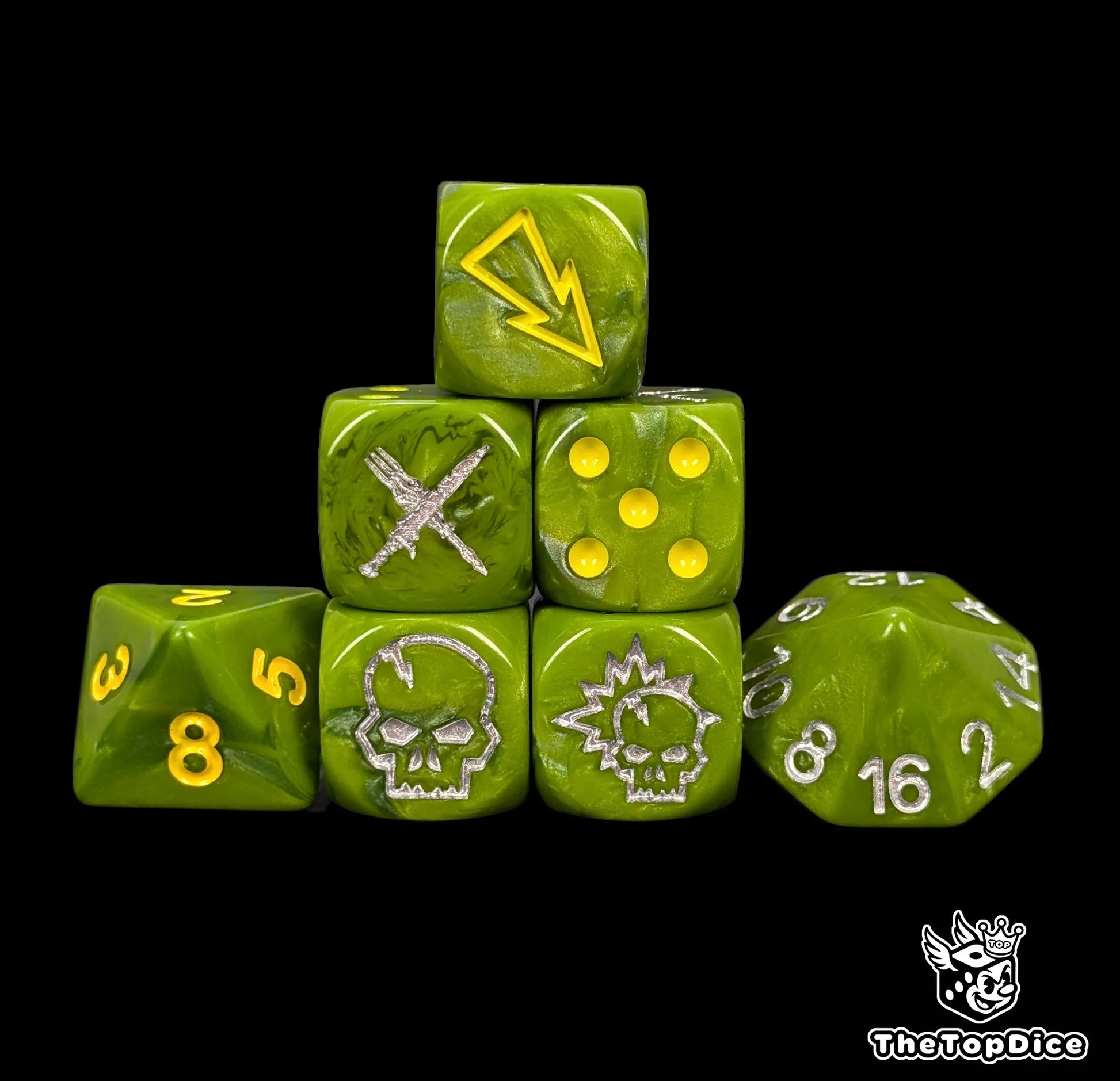 Green halfling fantasy football dice set of seven 16mm resin dice compatible with Blood Bowl