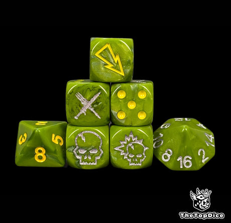 Green halfling fantasy football dice set of seven 16mm resin dice compatible with Blood Bowl