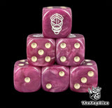 Purple resin D6 dice with a white alien face emblem and bone pips