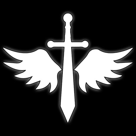 Winged sword in white line art on black, tile for hooded angel knight chapter 16mm sci-fi dice