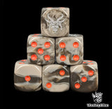 Brown 16mm D6 dice with a silver goat emblem and red pips for fantasy wargaming