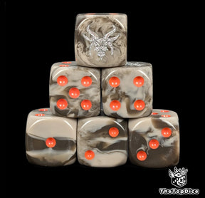 Brown 16mm D6 dice with a silver goat emblem and red pips for fantasy wargaming