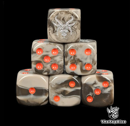 Brown 16mm D6 dice with a silver goat emblem and red pips for fantasy wargaming