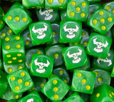 A pile of green Ork D6 with yellow pips and white horned skulls