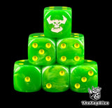Six green Ork D6 stacked, yellow pips and a white horned skull