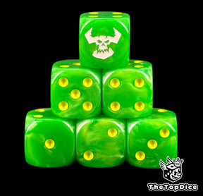 Six green Ork D6 stacked, yellow pips and a white horned skull