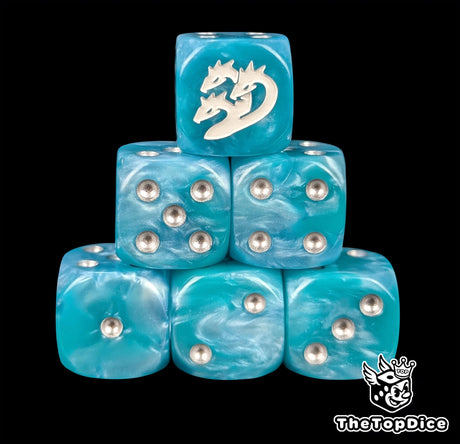Blue resin D6 dice with a white three headed hydra and silver pips