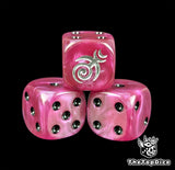 Close-up of a magenta D6 die with a silver spiral and black pips
