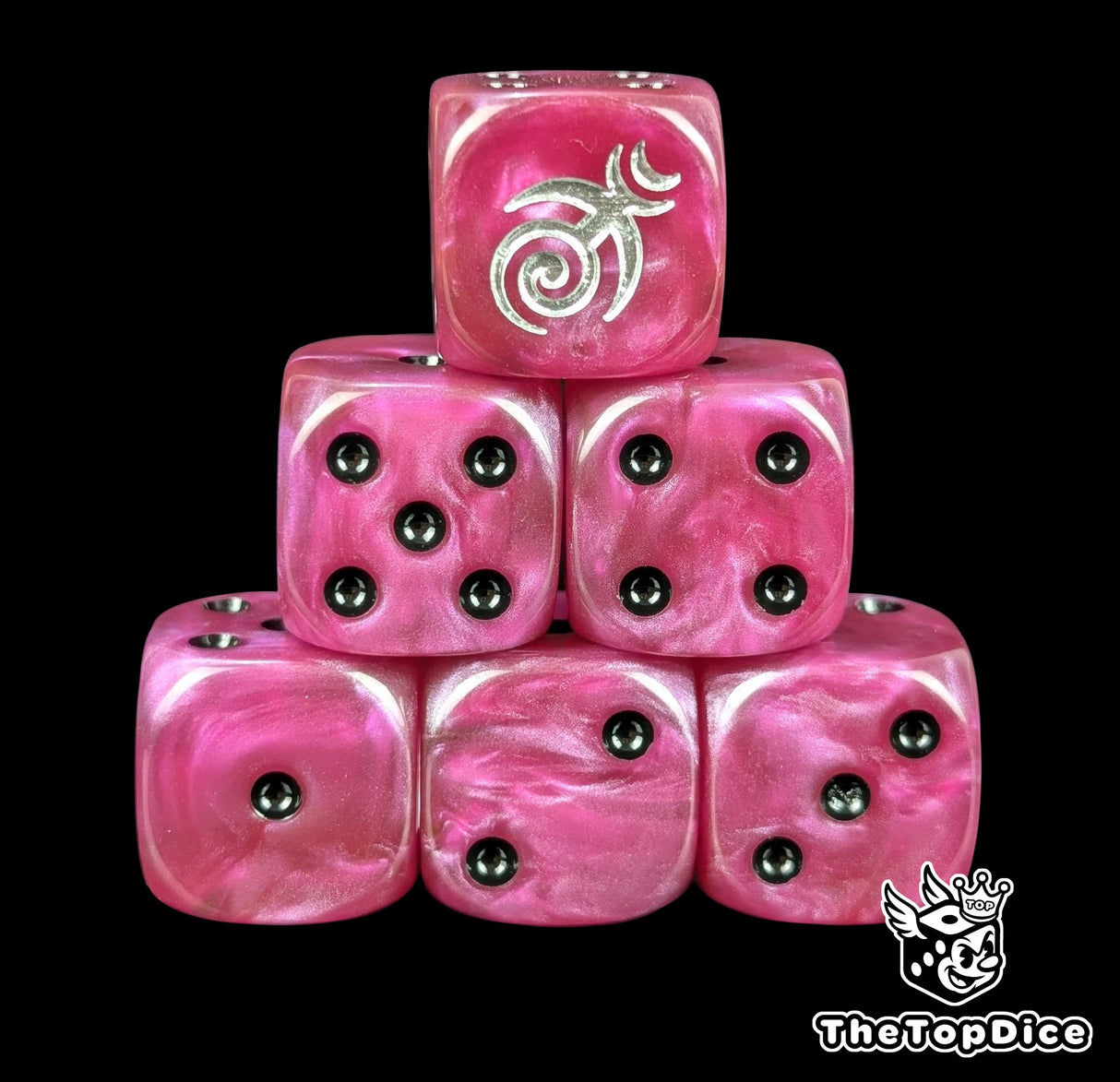 Magenta resin D6 dice with a silver spiral emblem and black pips for chaos armies