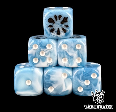 Six pale ice blue Ogor D6 stacked, pearl pips and a black bite mark