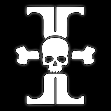 Skull over crossed bones on a heavy I bar, white on black, imperial agent 16mm grimdark dice