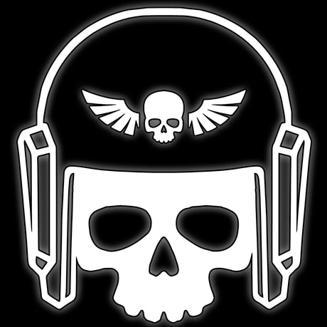 Helmeted skull under a winged skull crest, white on black, tile for guardsmen 16mm sci-fi dice
