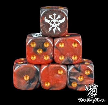 Close up of two red and black D6 with a white horned skull and lightning logo on the six face