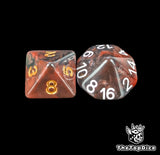 Close up of a red and black D8 and D16 with gold numbers for scatter and long range rolls