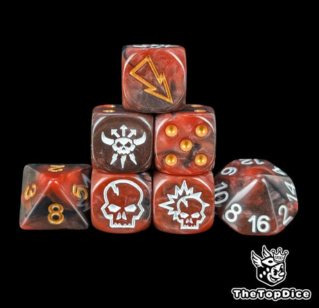 Red and black infernal dwarves fantasy football dice set of seven 16mm resin dice compatible with Blood Bowl