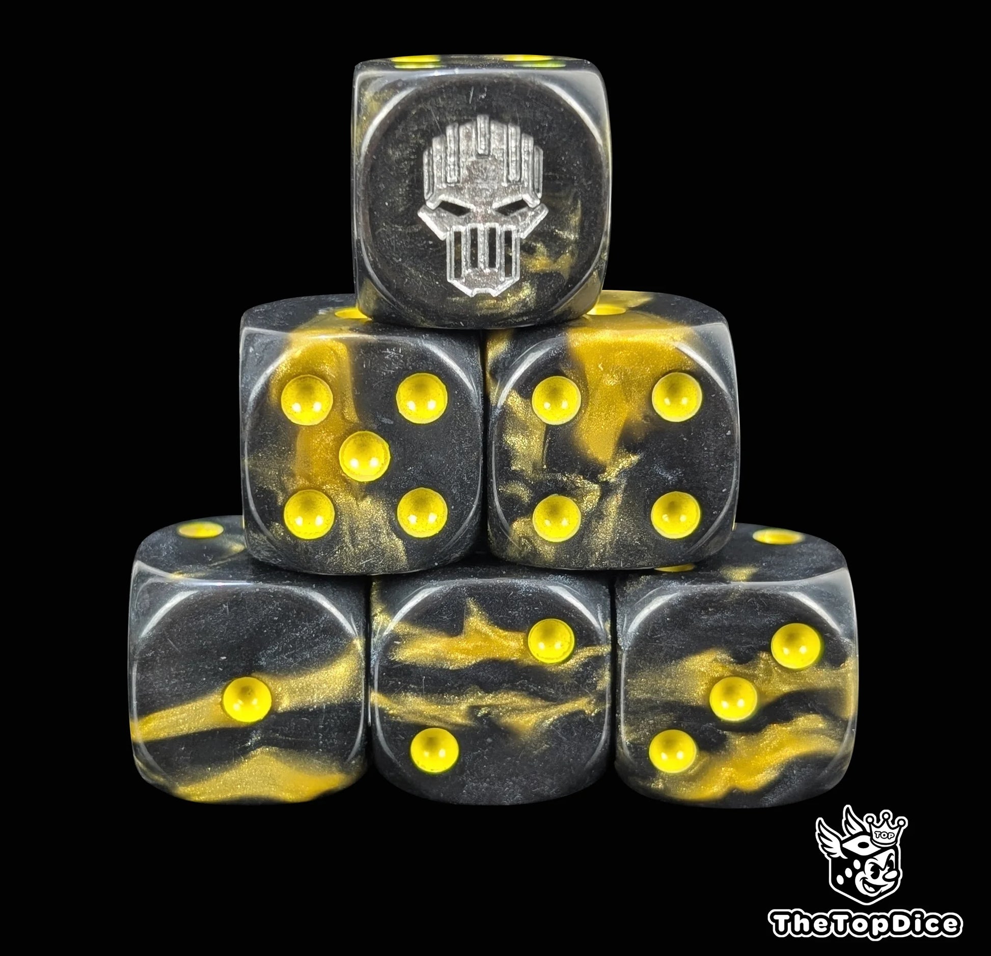 Gold and black 16mm D6 dice with a silver iron helmet emblem and yellow pips for sci-fi wargaming
