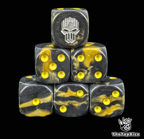 Gold and black 16mm D6 dice with a silver iron helmet emblem and yellow pips for sci-fi wargaming