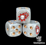 Close-up of a silver D6 die with twin red cogs and a white skull