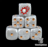 Silver resin D6 dice with a red cog and skull emblem and gold pips
