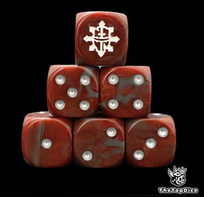 Red and grey 16mm D6 dice with a white ruined helm emblem and silver pips for sci-fi wargaming