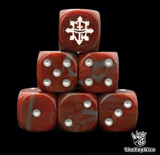 Red and grey 16mm D6 dice with a white ruined helm emblem and silver pips for sci-fi wargaming