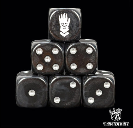 Black 16mm D6 dice with a white iron fist emblem and silver pips for sci-fi wargaming