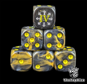 Black and gold resin D6 dice with an iron siege emblem and yellow pips