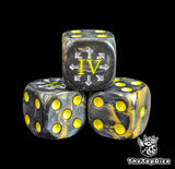Close-up of a black and gold D6 die with an iron siege emblem