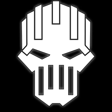 Barred iron skull mask in white on black, tile for siege engineer legion 16mm grimdark dice