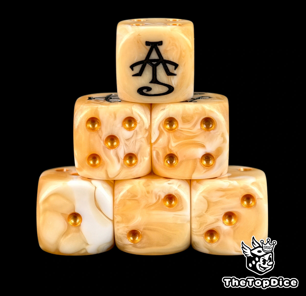 Six ivory Lumineth dice stacked, black aelf rune above gold pips
