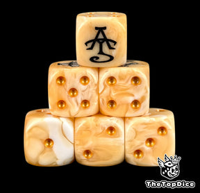 Six ivory Lumineth dice stacked, black aelf rune above gold pips