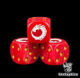 Three red XV Legion dice with a white dragon coiled into a ring