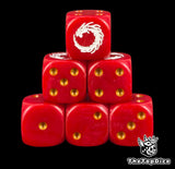 Six red Thousand Sons D6 stacked, gold pips and a white coiled dragon