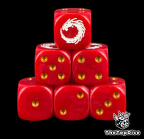 Six red Thousand Sons D6 stacked, gold pips and a white coiled dragon