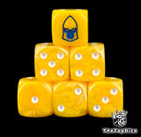 Iyanden eldar dice, yellow 16mm resin D6 with white pips and a blue aeldari guardian helm, six dice stacked in a pyramid