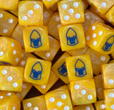 Pile of yellow Iyanden wraith host dice showing white pips and the blue helm face