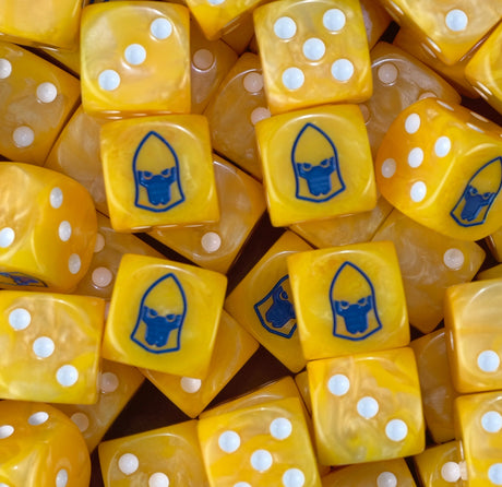 Pile of yellow Iyanden wraith host dice showing white pips and the blue helm face