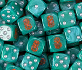 A pile of jade green Votann D6 with orange ancestor kin runes