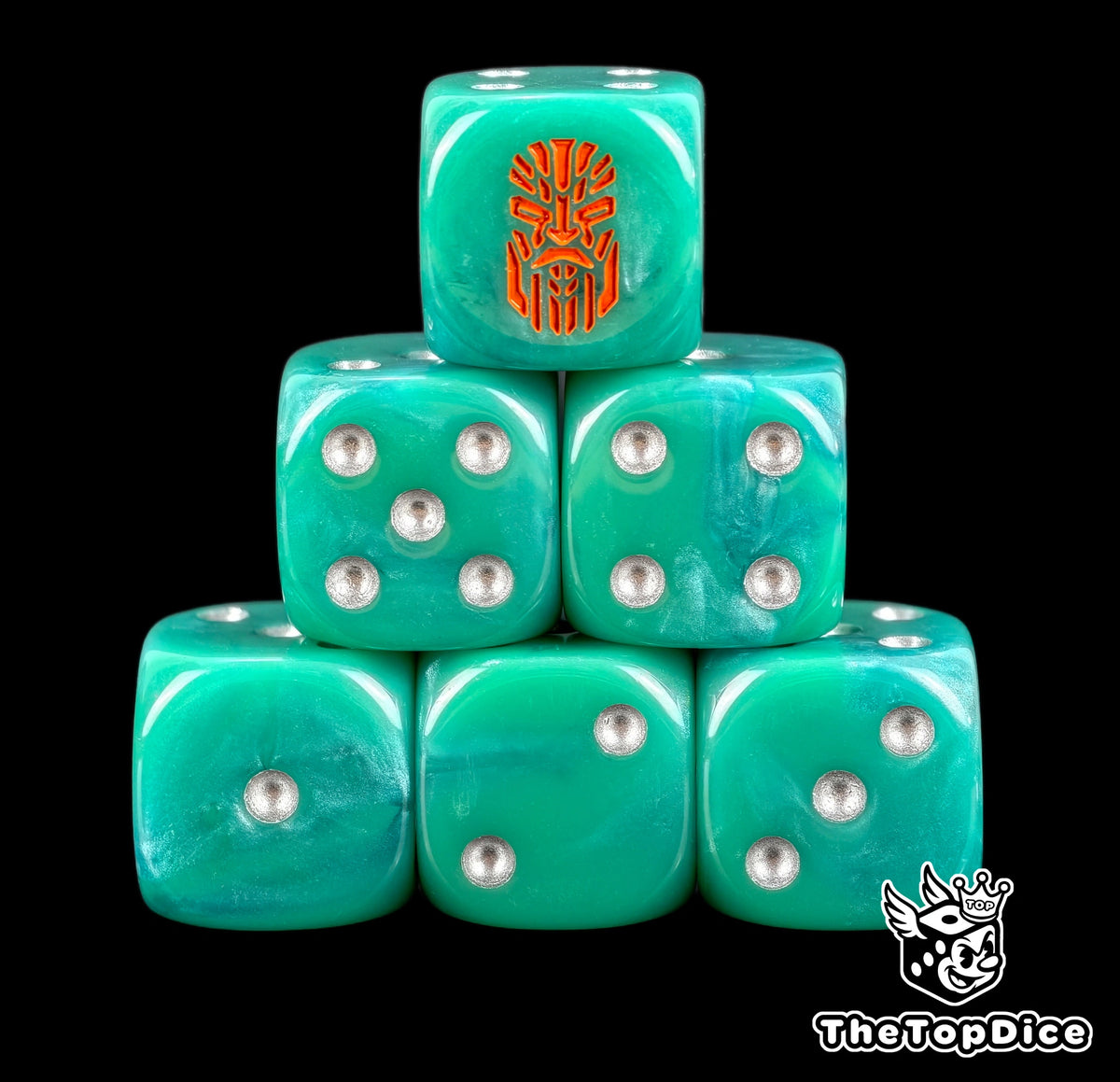 Six jade green Votann D6 stacked, pearl pips and an orange kin rune