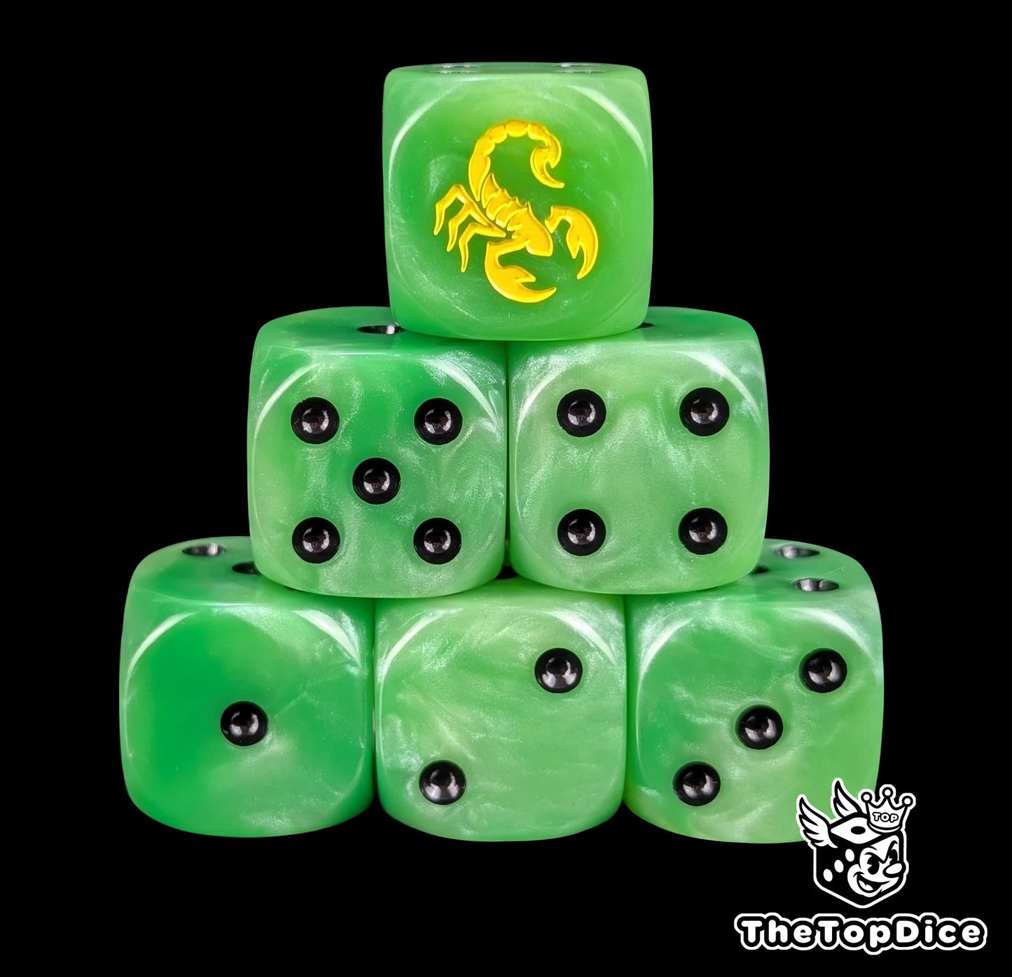 Green 16mm D6 dice with a yellow scorpion emblem and black pips for sci-fi wargaming