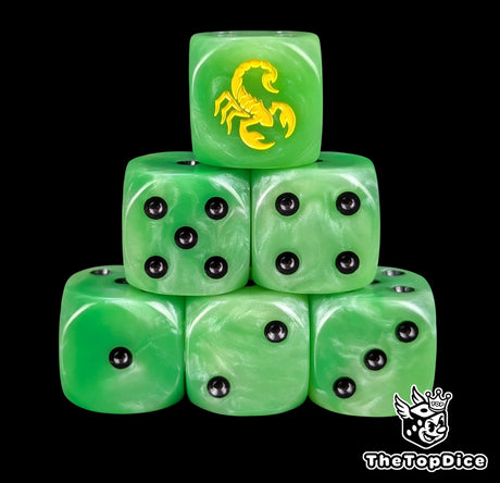 Green 16mm D6 dice with a yellow scorpion emblem and black pips for sci-fi wargaming