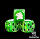 Three bright green 16mm Space Marine D6, white eagle head beside black pips