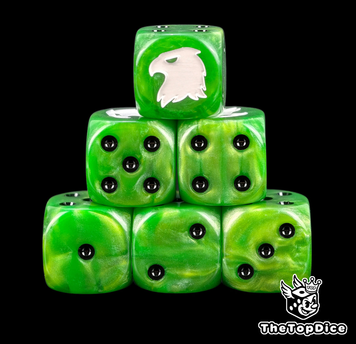 Six bright green Raptors Chapter dice stacked, white eagle head above black pips