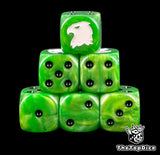 Six bright green Raptors Chapter dice stacked, white eagle head above black pips