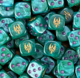 A pile of jade green Drukhari dice, gold sigils and purple pips repeating